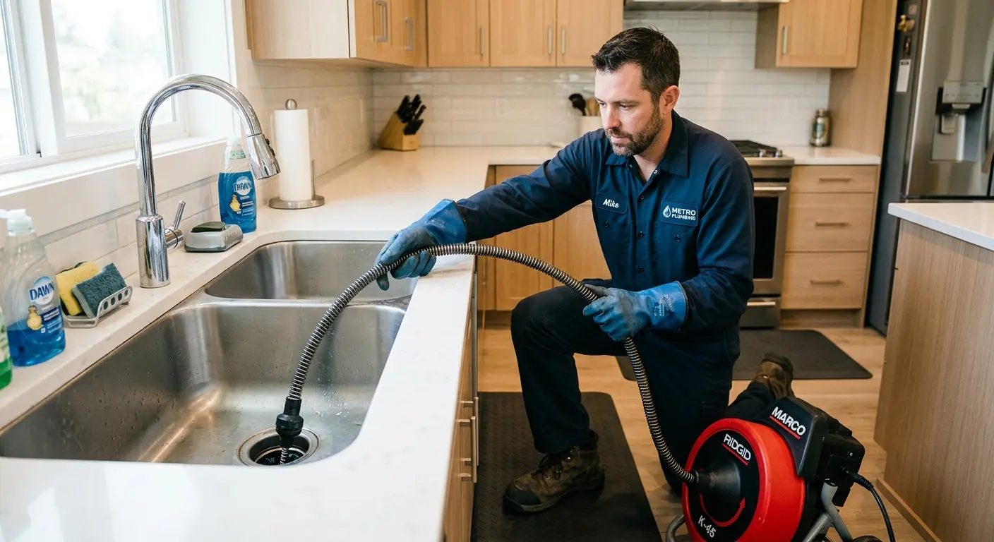 Drain cleaning technician using a motorized snake on a kitchen sink in Snoqualmie