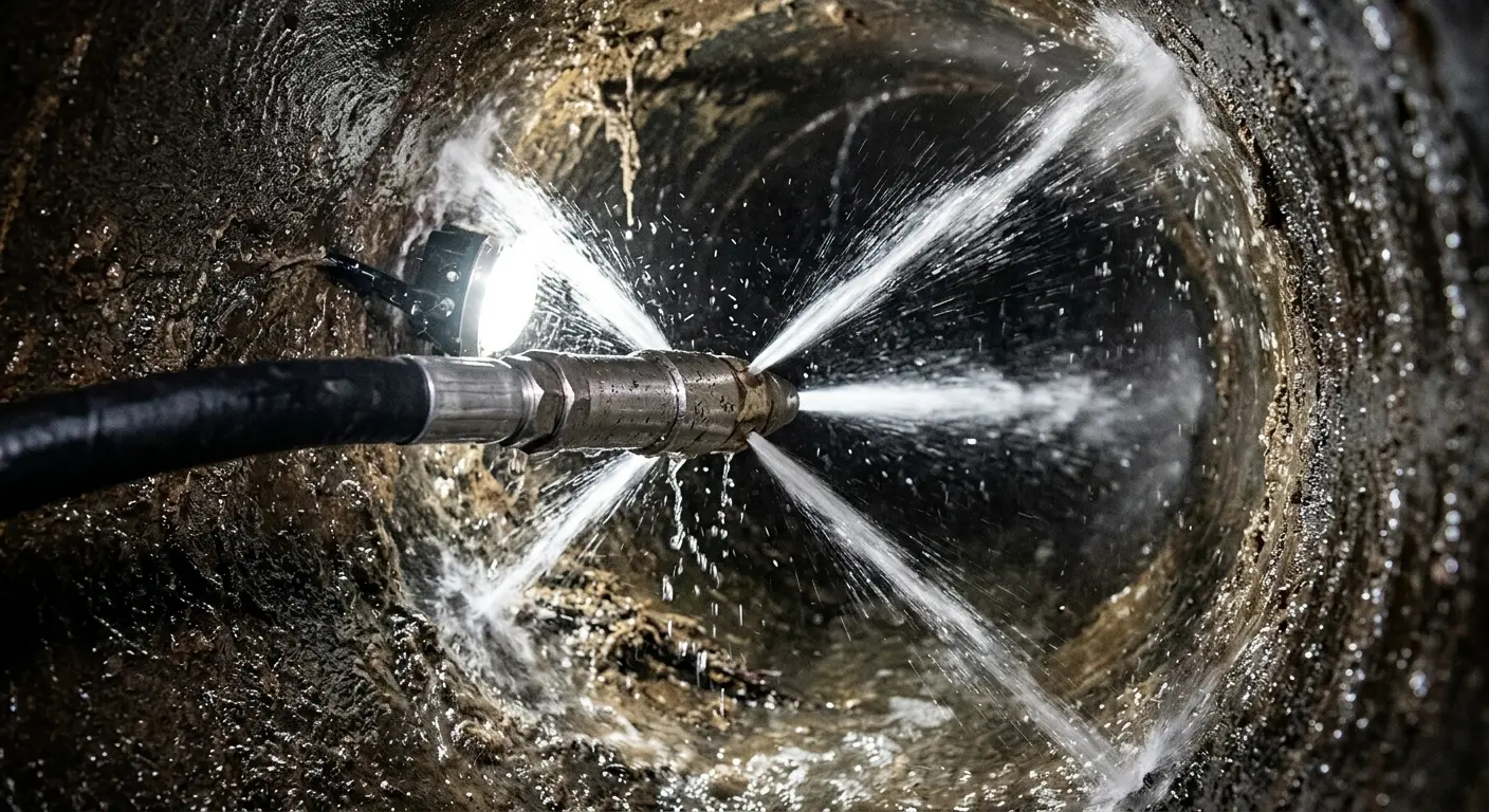 High-pressure hydro jetting nozzle cleaning sewer pipe for Emergency Drain Service in Snoqualmie