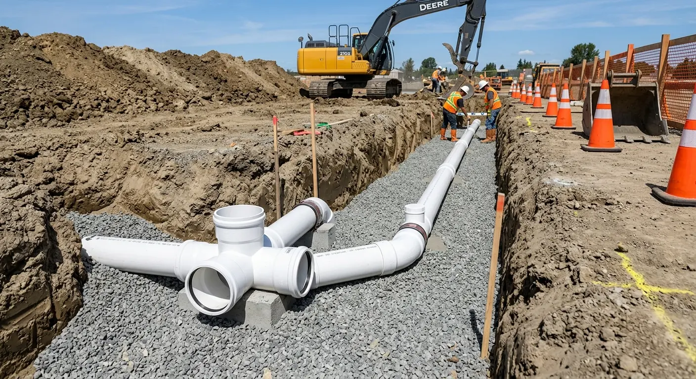 New PVC sewer pipe installation in open trench for Sewer Backup in Snoqualmie