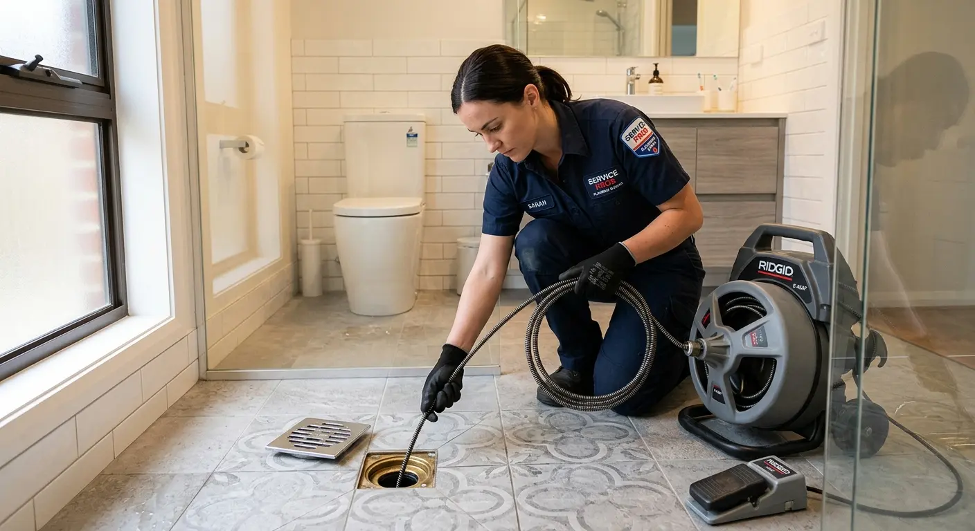 Technician clearing a bathroom floor drain for Drain Cleaning in Snoqualmie